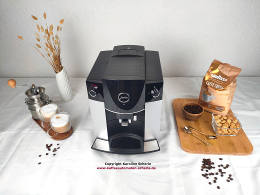 JURA D6 in Silber / Platin von vorne mit zwei Drehknöpfen und Feinschaumdüse direkt neben dem Kaffeeauslauf